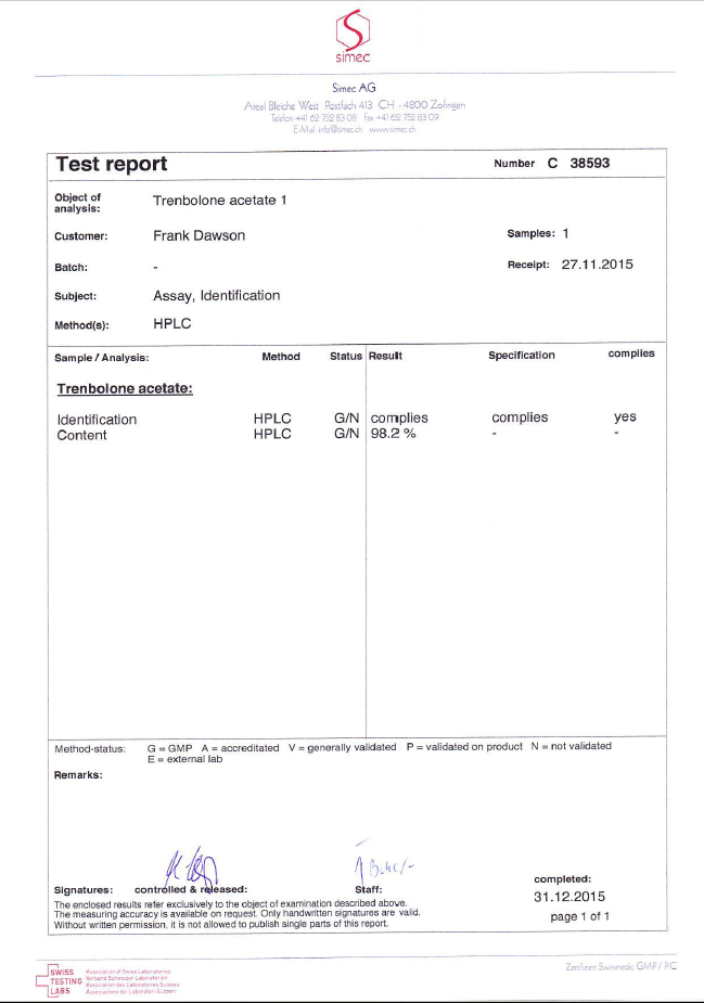PHARMA TREN A 100 Trenbolone acetate - purity report